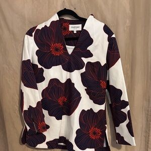 Elizabeth McKay White Blouse with Red and Navy Floral Design